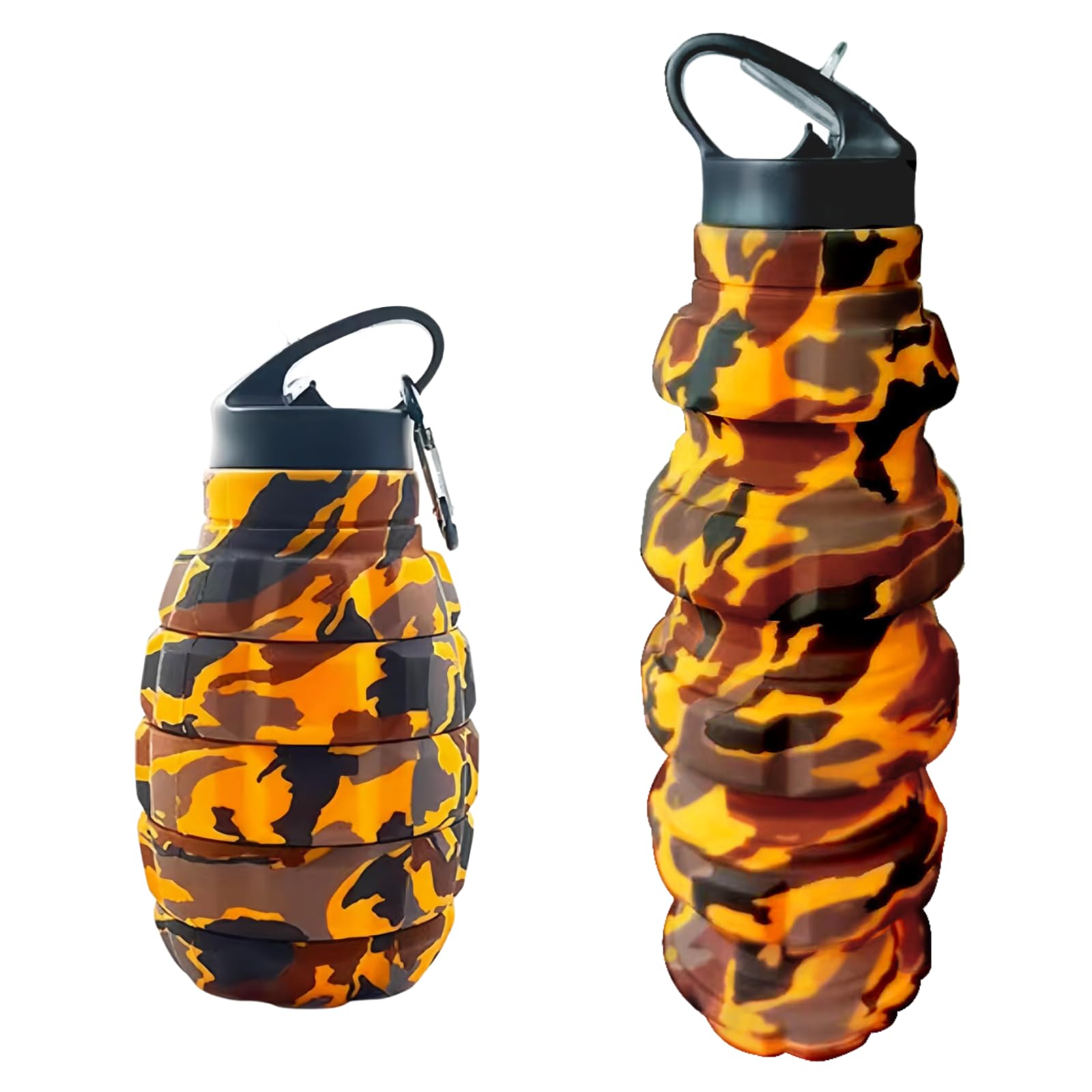 Kunhang Yellow Collapsible Travel Water Cycling Bottle, Reuseable Silicone Foldable Water Bottles For Gym Camping Hiking, Portable Leak Proof Sports Water Army Camouflage Bottle With Grenade Carabiner