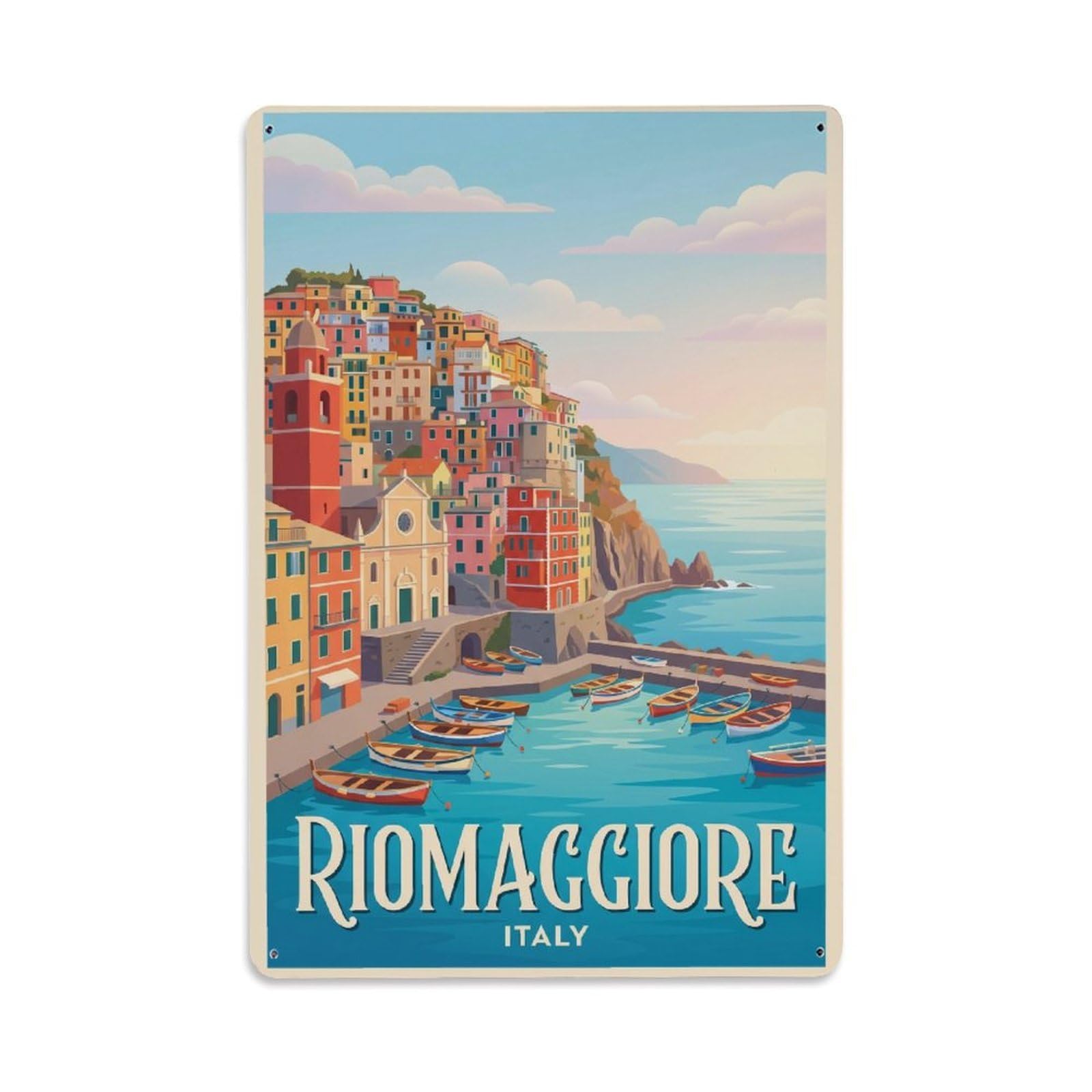 Riomaggiore Italian Riviera Travel Harbor Metal Tin Sign Plaque Wall Decor for Cafe, Man Cave, Club Bar, Office, Home Garden Round Metal Poster 8x12Inch