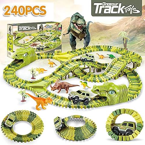 EARSOON Dinosaur Race Track Car Toy Set - 240 Pcs Flexible Train Tracks with 8 Dinosaurs, Race Cars, Bridge, Tree, Kids Christmas Birthday Party Gift Dinosaur Playset for 3 4 5 6 Year Old Cover