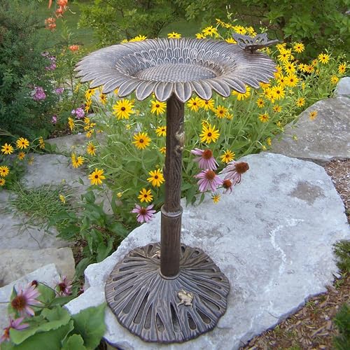 Image of Oakland Living Round Cast Aluminum Metal 32-in Bronze Bird Bath with Butterflies and a Sunflower