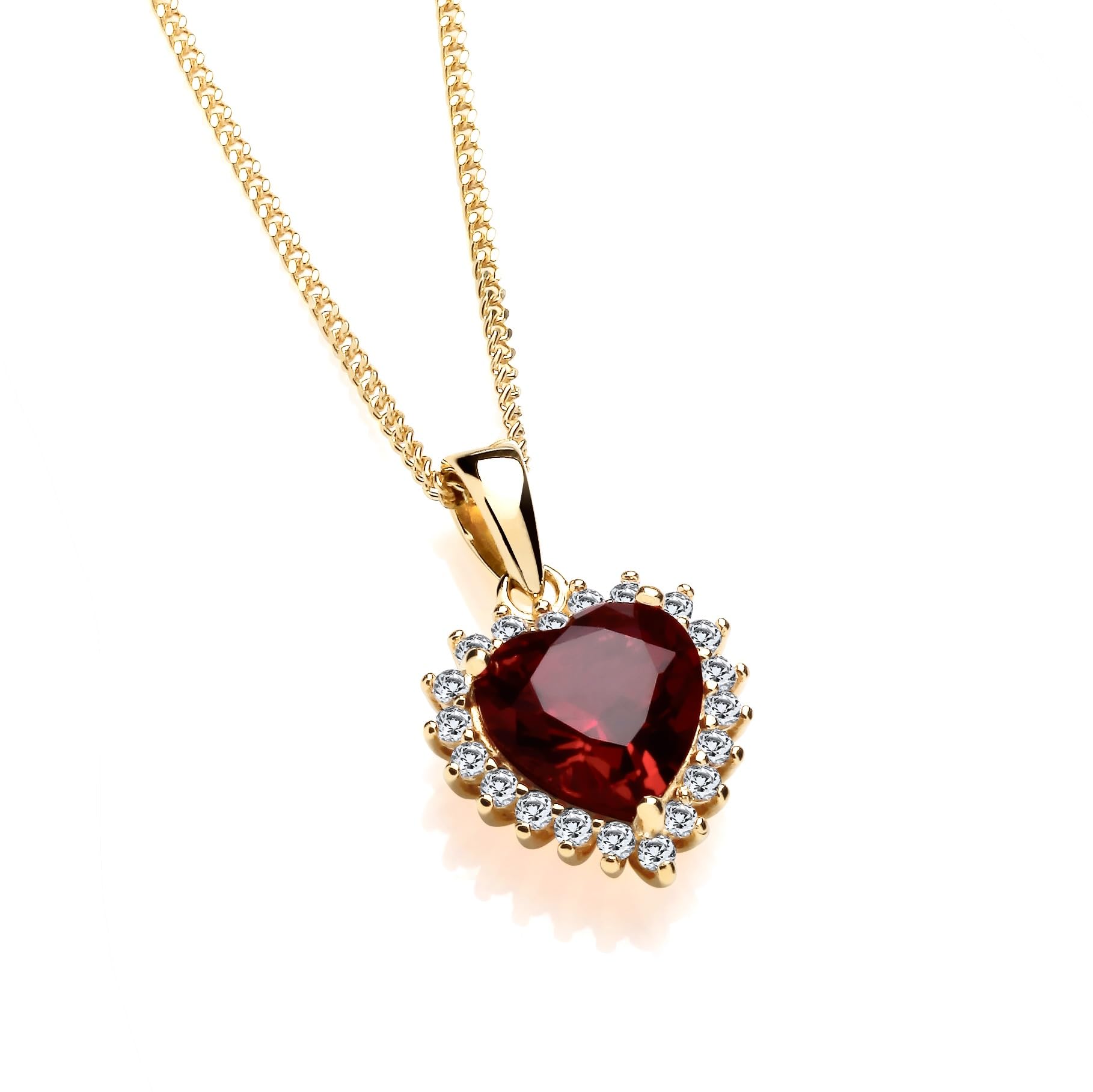 Old English Jewellers9ct Yellow Gold on Silver Ruby & CZ Heart Pendant Necklace 16 18 20 inch chain