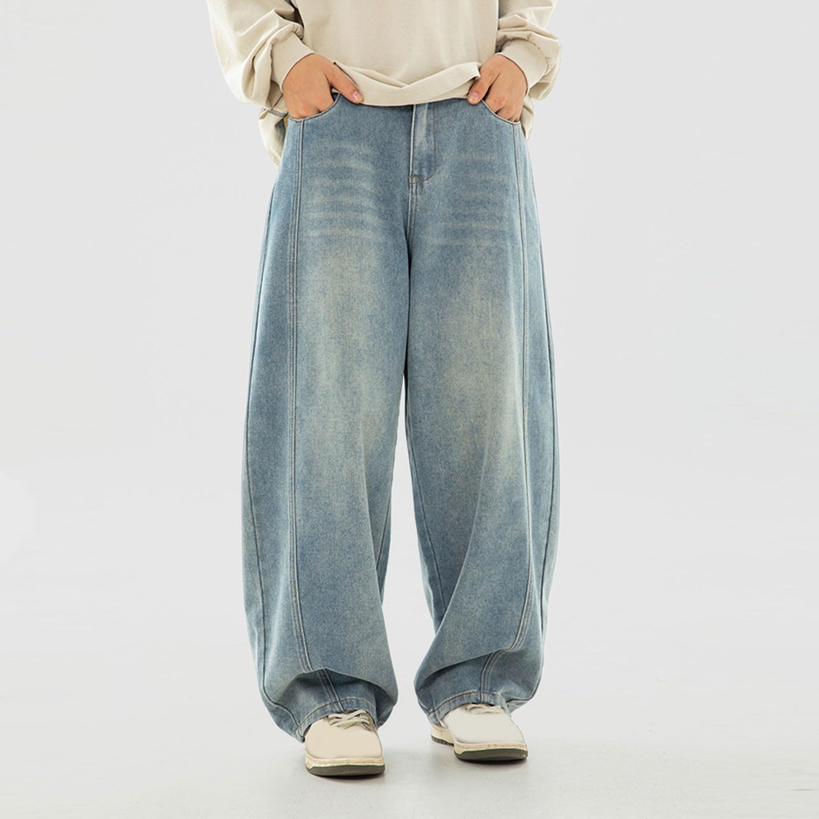 Vaqueros Elasticos Hombre-Pantalones Vaqueros Casuales para Hombre, Pantalones Vaqueros Lavados Viejos, diseño de Empalme Dividido, Pantalones Holgados Retro