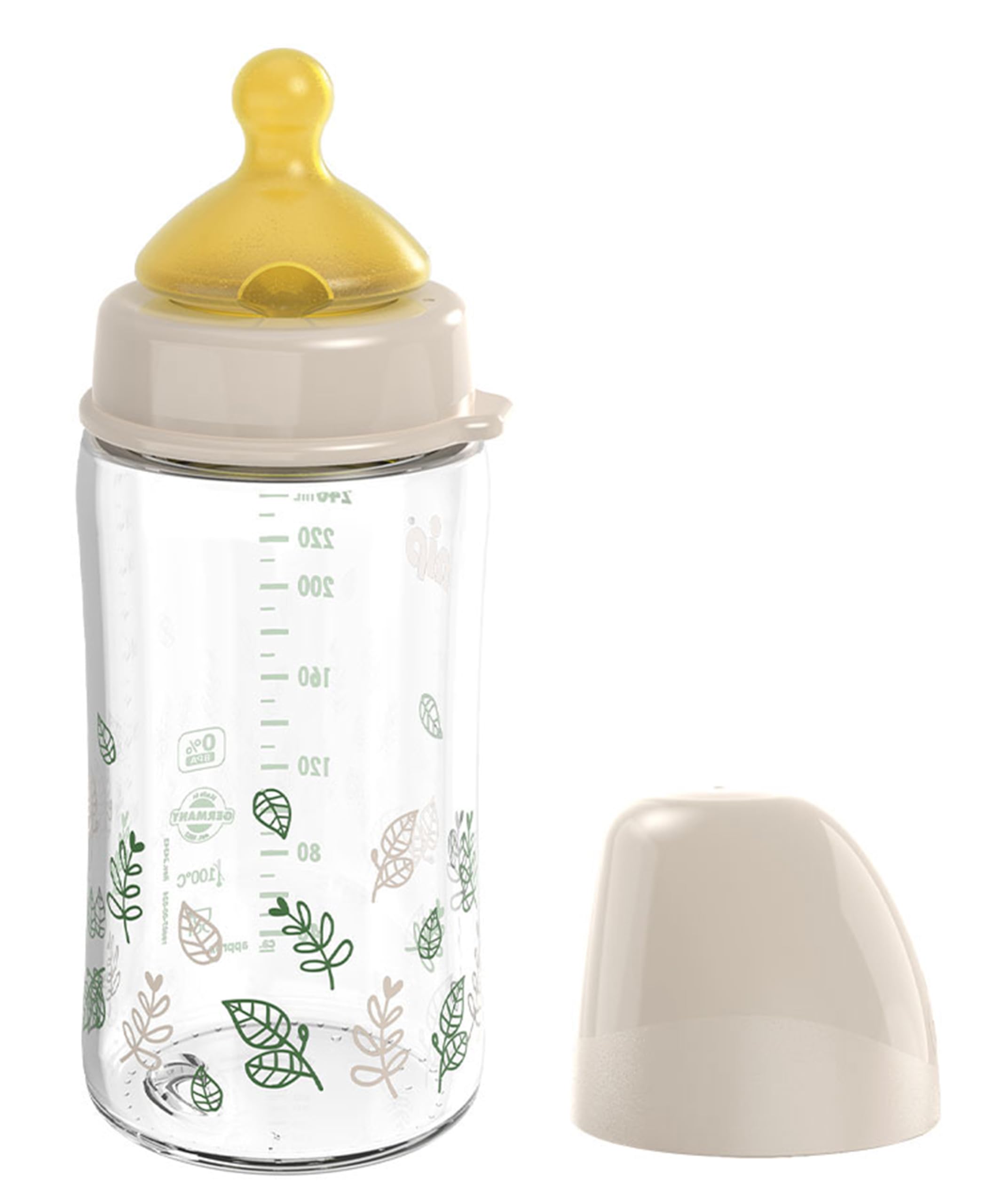 nip – Weithalsflasche | Babyflasche mit Ventil für optimalen Lufteinstrom und zwei Naturkautschuk-Trinksauger. Stillfreundliche Babyflasche aus bruchfestem Glas | Gr. S & M, 240ml, Braun
