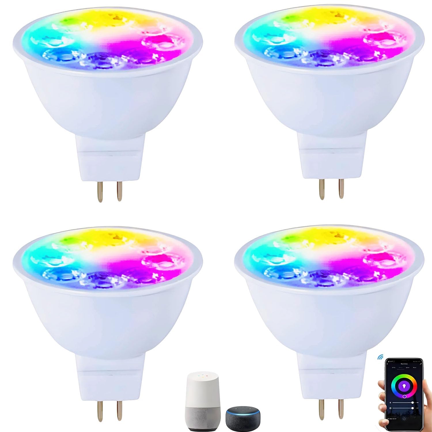 Wixann MR16 GU5.3 LED Smart RGB Glühbirne,5W 12V 3000K weiches Warmweiß,GU5.3 Bi-Pin-Sockel,40 Grad Spotbeleuchtung für Landschaftsschienenlampen im Innen und Außenbereich (4Pack)