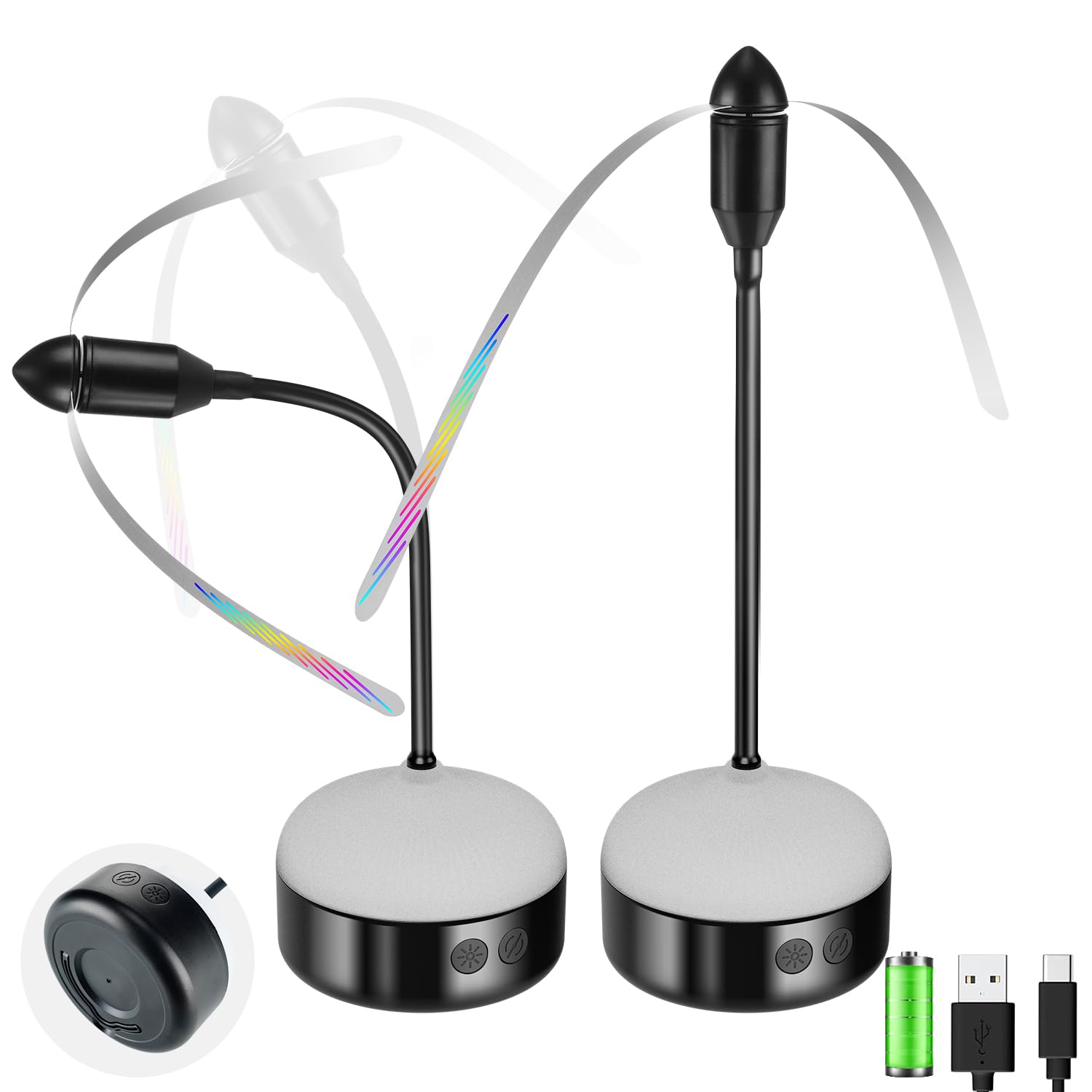 Paquete de 2 ventiladores de mosca para mesas recargables, uso en interiores o exteriores, ideal para camping, fiesta, restaurante, cocina y barbacoa, con opción de mesa y gancho para colgar.