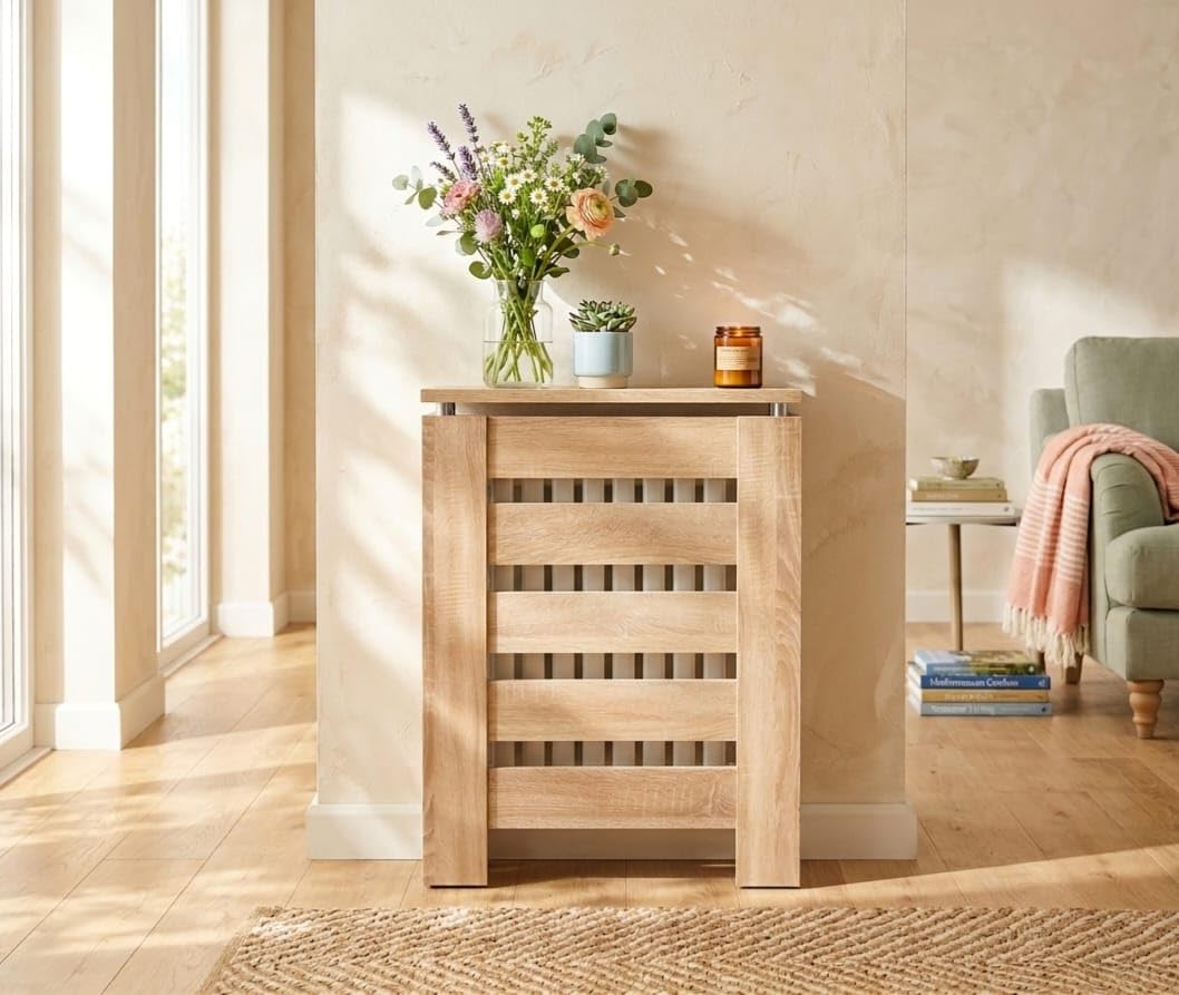 D&J Muebles Kit Cubre Radiador Roble 60cm Moderno Hércules | Mueble Decorativo con Listones | Fácil Montaje (60cm, 90cm, 120cm) 60x83,5x19,5