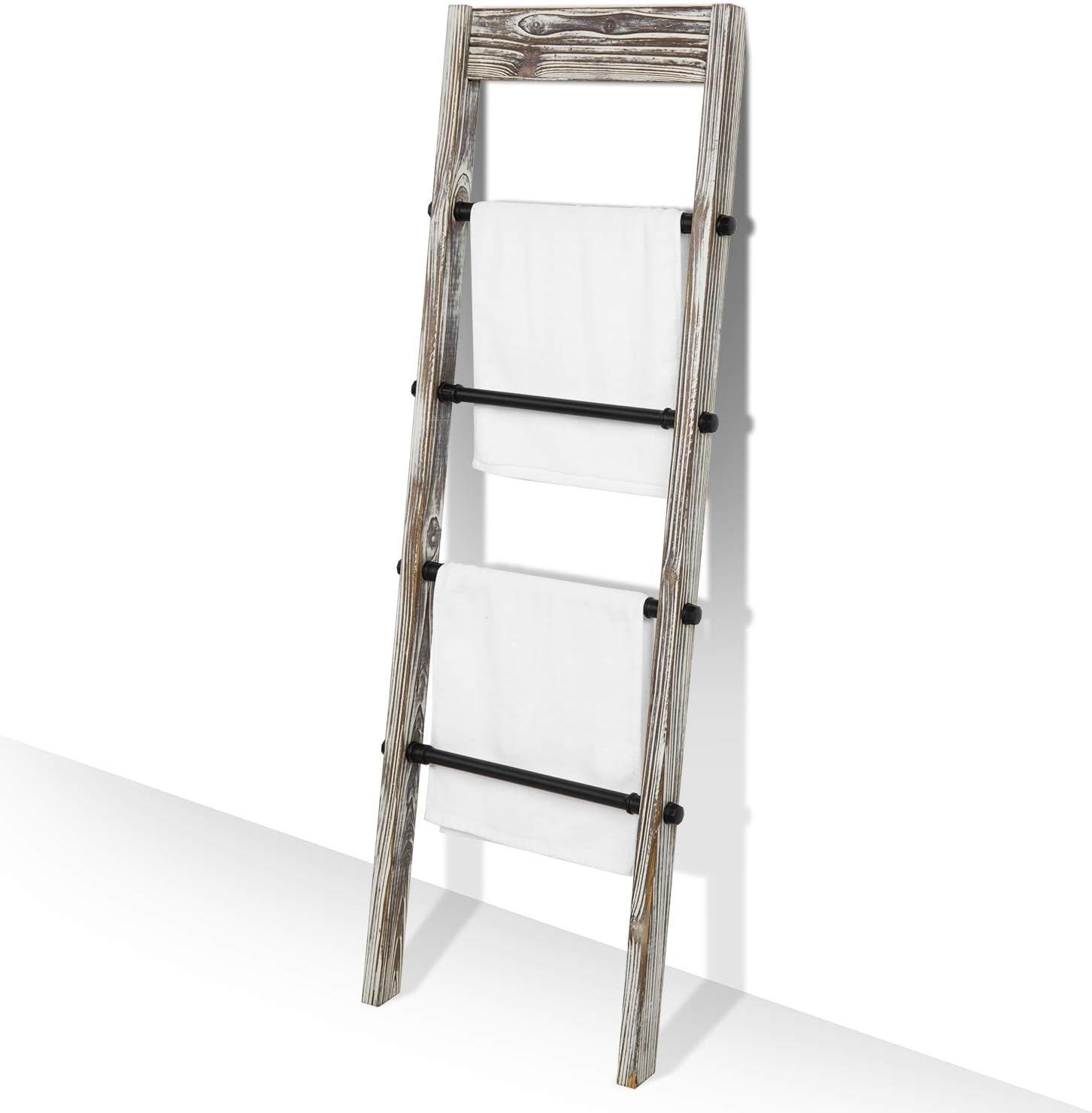 MyGift Solid Torched Wood Wall Leaning Blanket Ladder Quilt Rack, Farmhouse Bathroom Storage Towel Ladder Holder with Industrial Black Metal Pipe Rung