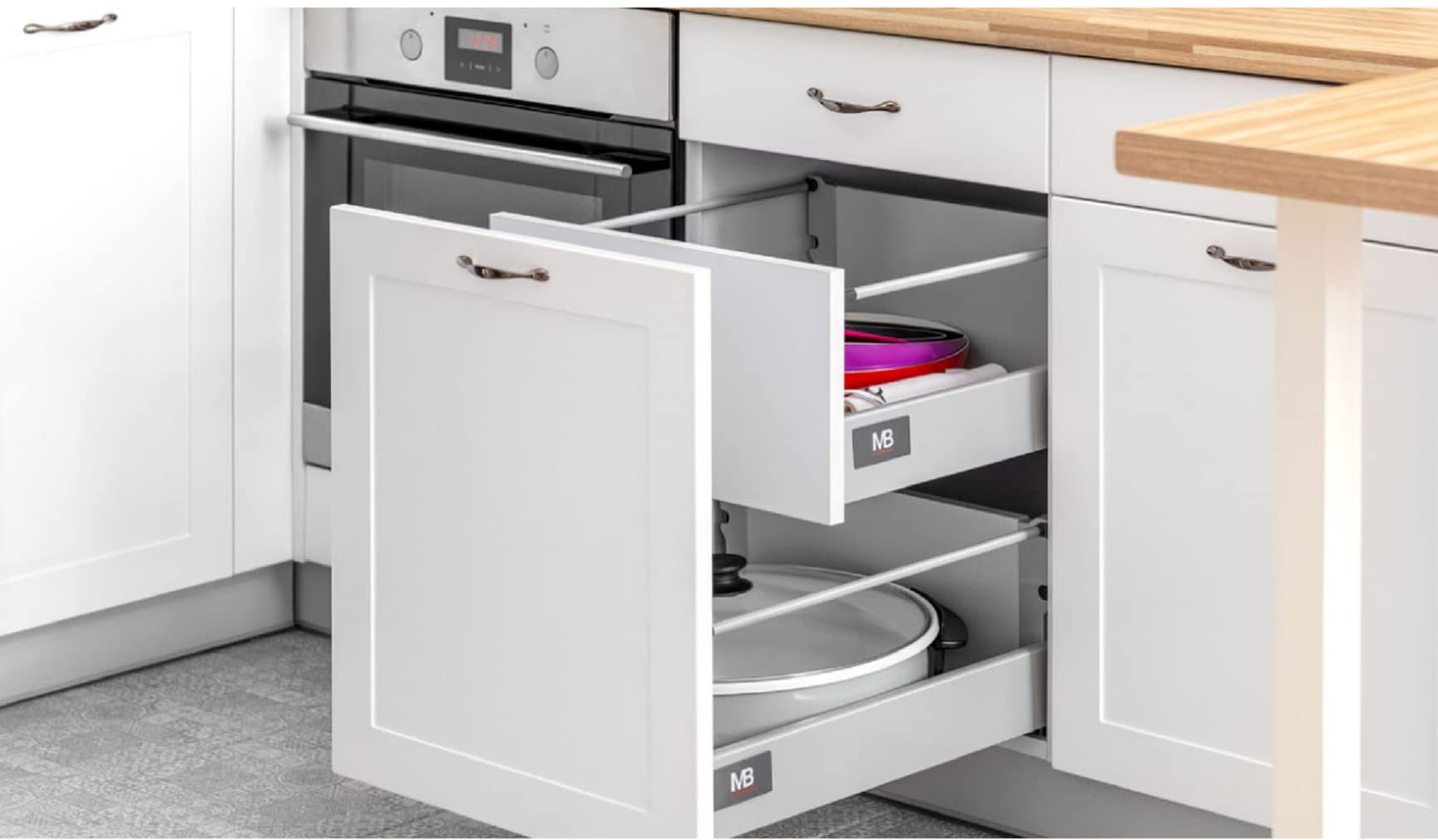 GTV - Sistema di Cassetti Modern Box, Set Guide Scorrevoli per Cassetti, Set di Cassetti, Portata fino a 40 kg, Sincronizzazione del Percorso Delle Guide, L=450mm H=146 mm, Grigio
