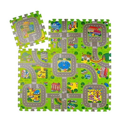 Relaxdays Alfombra Puzzle Ciudad, Colchoneta Juego 9 Piezas, Niños y Bebés, Goma EVA, sin Tóxicos, 90x90 cm, Multicolor