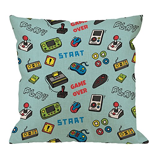 HGOD DESIGNS Gamer Pillow Covers,Decorative Throw Pillow Video Game and Game Handle Pattern Pillow Cases Cotton Linen Outdoor Indoor Square Cushion Covers for Home Sofa Couch 18x18 inch Light Blue