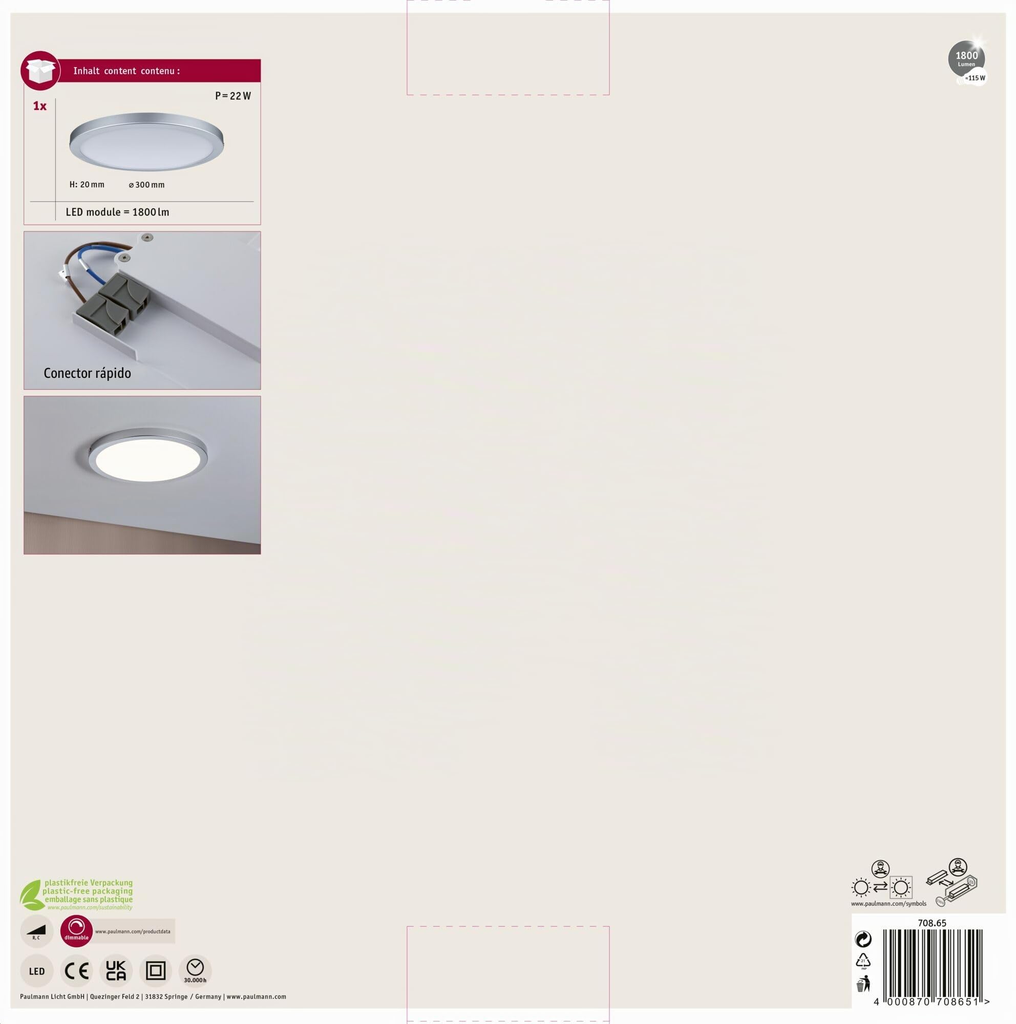Paulmann 70865 Panel de superficie LED Atria redondo plafón 22 W luz 2700 K blanco cálido panel LED cromo mate regulable para montaje en pared/techo