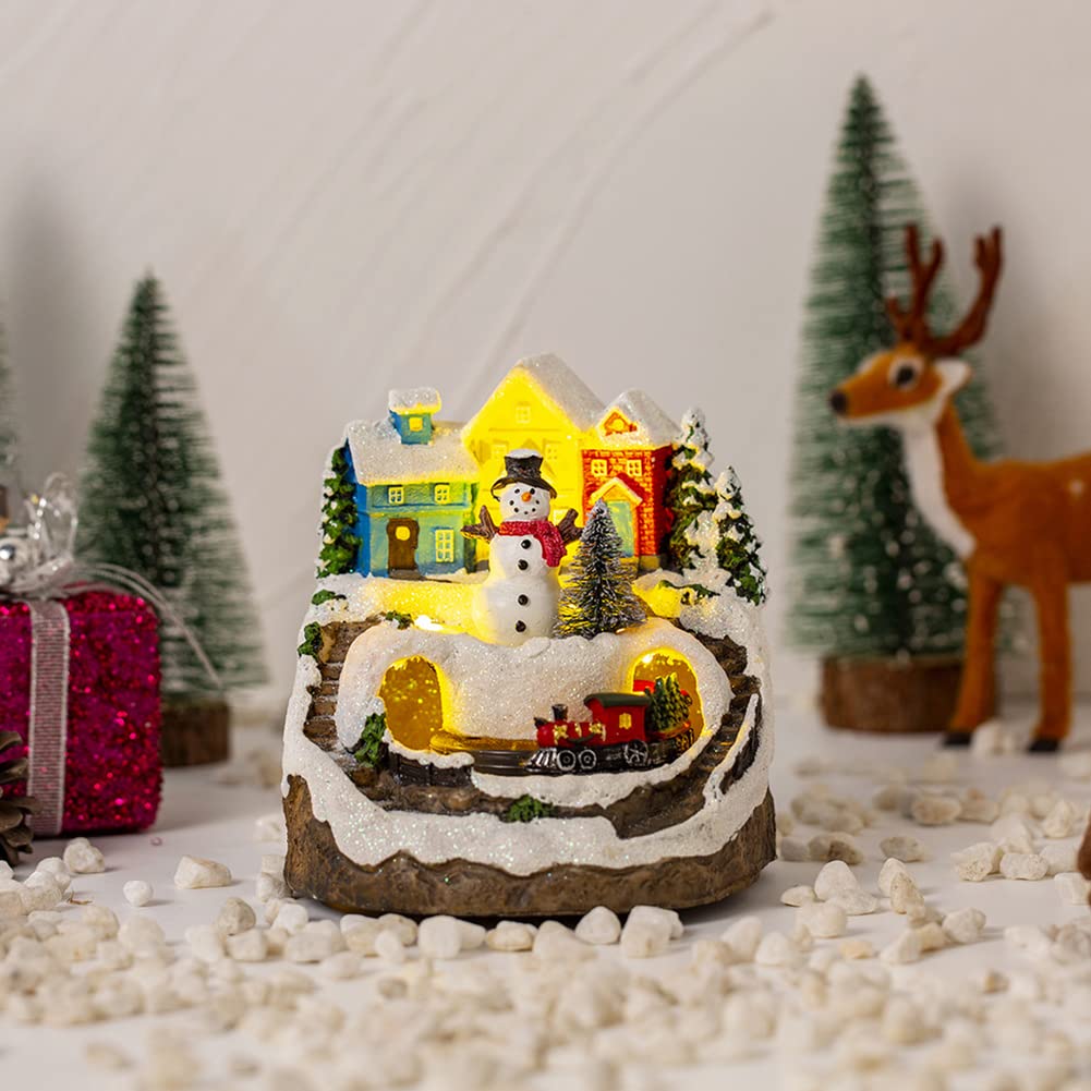 Uposao Decoración de Navidad LED Papá Noel muñeco de nieve resina con iluminación, música, casa de Navidad, miniatura, pueblo de Navidad, decoración con decoración de nieve, escena de Navidad, mesa