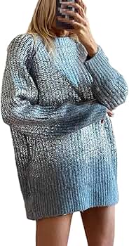 Niiyyjj Shiny Metallic Foil Knitted Women Pullover Loose O