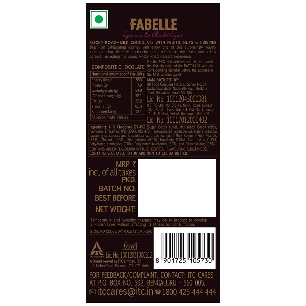 Fabelle Rocky Road -Luxury Handcrafted Milk Chocolate Bar with Dry Fruits, Crunchy Nuts and Crispies,120g, Premium Milk Chocolate Gift, Chocolate Bar