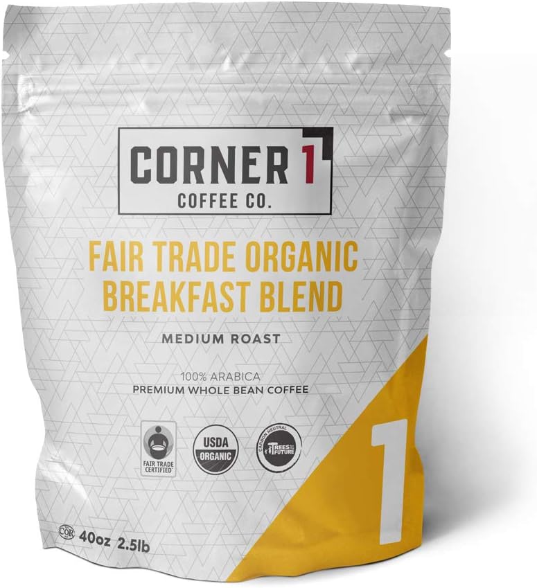 Corner One Coffee Fair Trade Organic Breakfast Blend Whole Bean Coffee, Breakfast Blend, 2.5 Pound