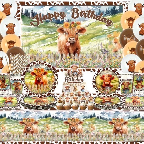 Décorations d'anniversaire vache des Highlands – Vaisselle marron – Vaisselle de fête, assiettes, tasses, serviettes, nappe de fête de cornichon, toile...
