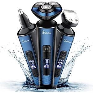 Hatteker Herren Elektrorasierer Rasierer Bartschneider Rotationskopf Rasierer für Männer Kotelettentrimmer Nasentrimmer Nass Trocken IPX7 Wasserdicht Wiederaufladbar Kabellos 3 in 1