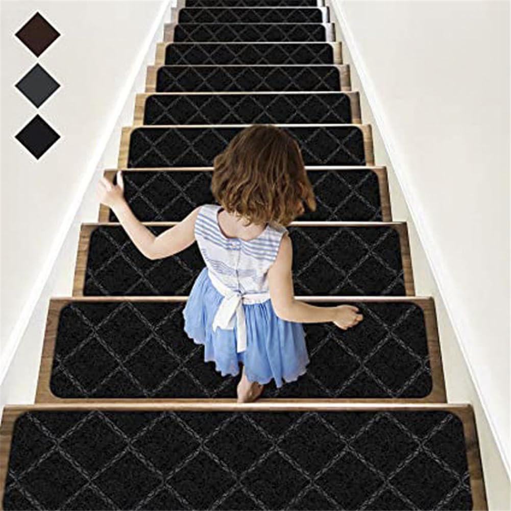 TYYCKJ Carpet Stair Treads Self Adhesive, 20x76cm Non-Slip Carpet Stair Runner Carpet Stairs Mats Removable Reused for Kids Elders and Pets (15pcs,rhombic black)