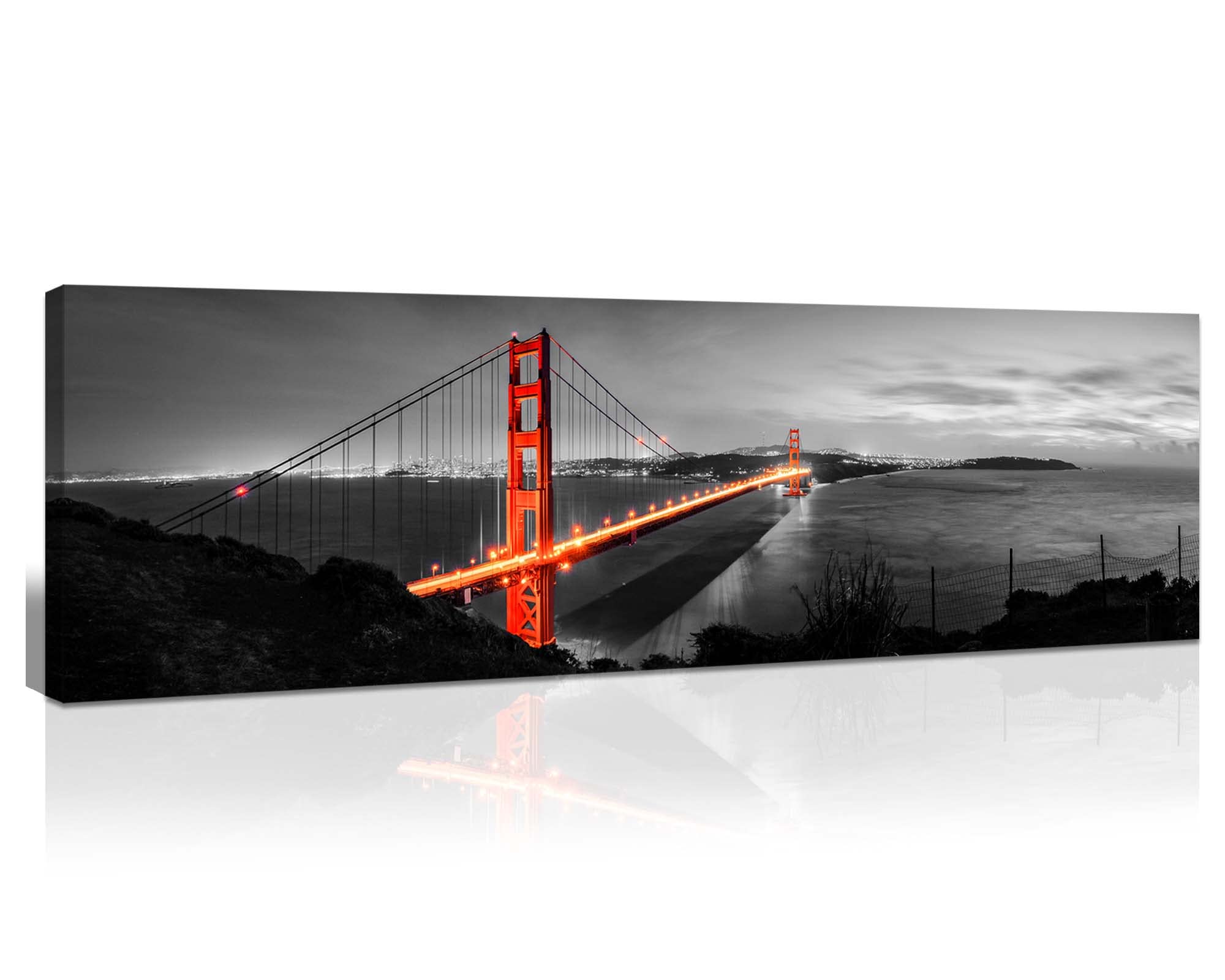 Photo 1 of **MINOR SCUFFS VERY SMALL** Black and White San Francisco Wall Decor Red Golden Gate Bridge Wall Art Pictures Canvas Print American Night Cityscape Poster Painting Framed Bedroom Home Decoration Ready to Hang(36''Wx12''H) 46Inch x 14Inch Artwork-Californi