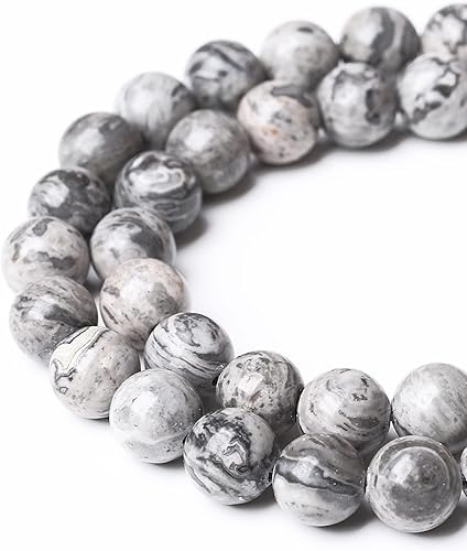 Vista 4 de A+- Cuentas de jaspe natural con mapa natural, piedra energética gris, poder curativo para hacer joyas, pulseras de bricolaje de 0.394 pulgadas, 36