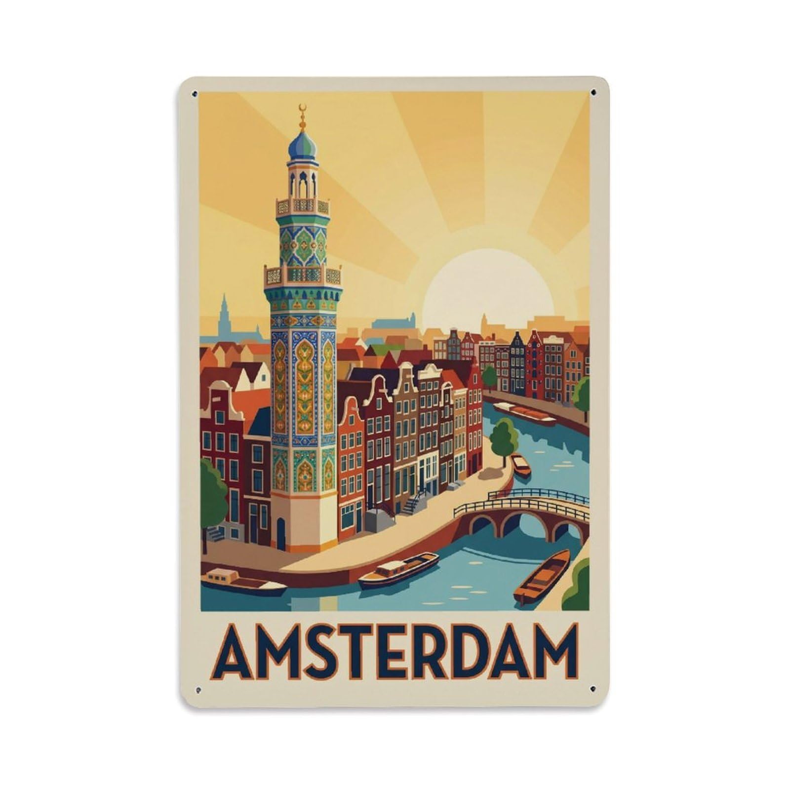 Okngb Style Canal District Classic Waterway Amsterdam Travel Route Metal Tin Sign Plaque Wall Decor For Cafe, Man Cave, Club Bar, Office, Home Garden Round Metal Poster 8X12inch