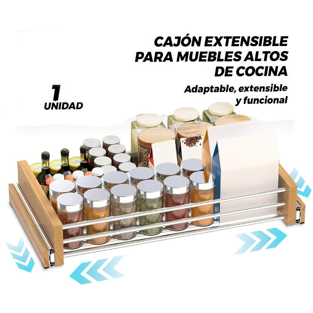 Genérico Cajón Extraíble Regulable para Muebles Altos Cocina Bandeja Telescópica Ajustable 27 5-57 cm Organizador Deslizante Armario con Guías Extracción Total Acero Inoxidable Madera