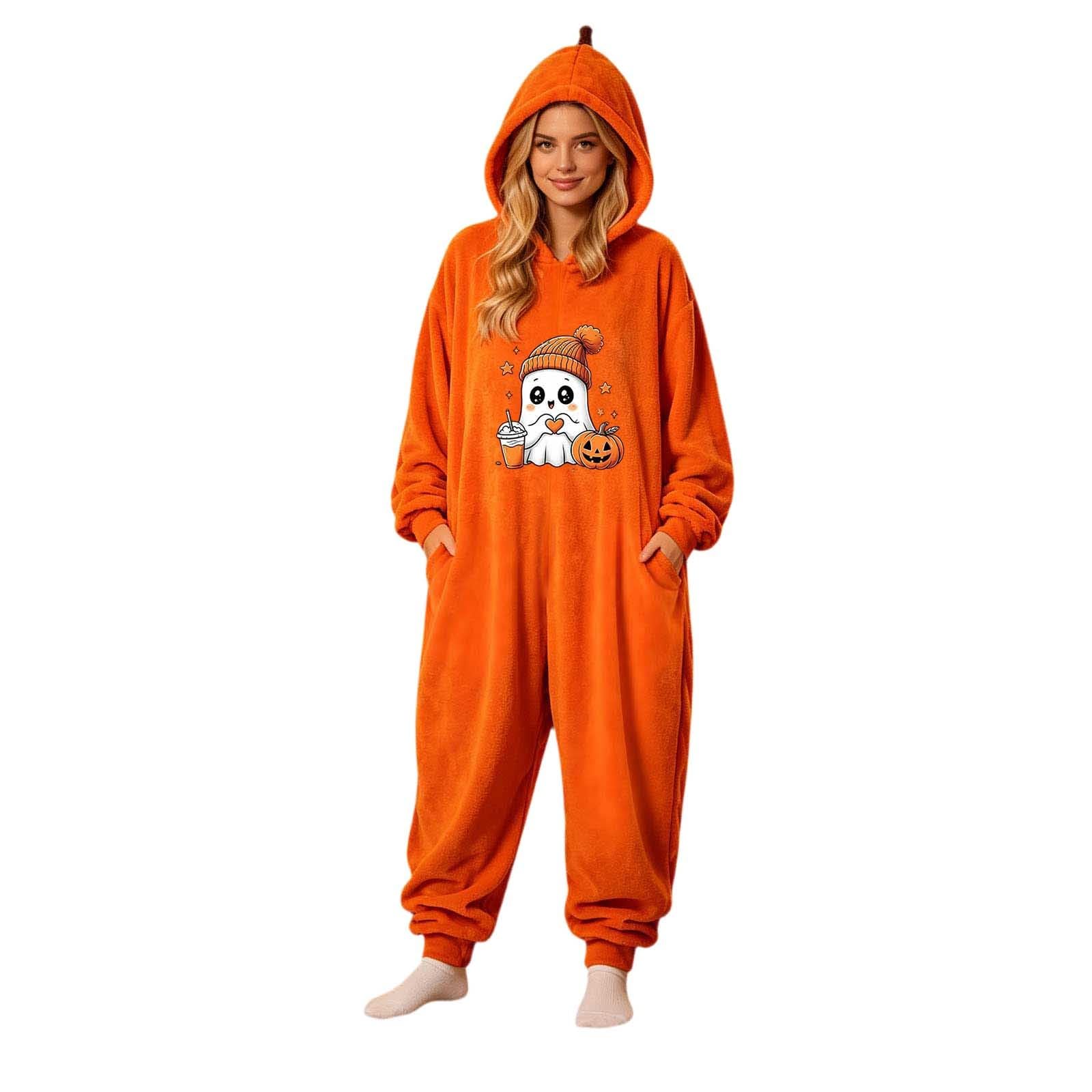 Pigiama Halloween Adulto Tuta Intera Zucca con Cappuccio e Zip Chiusura con Zip Pratica, Pigiama Halloween Intero, Tuta Zucca con Cappuccio per Casa e Feste