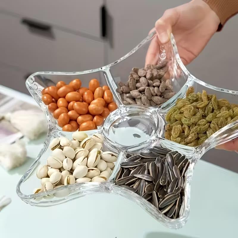 Image of PrimeWorld Star-Shaped Glass Serving Platter Set - 2 Pc | Multi-Compartment Snack & Candy Tray for Living Room Coffee Table | Ideal for Nuts, Fruits, Dry Snacks, Appetizers & Desserts