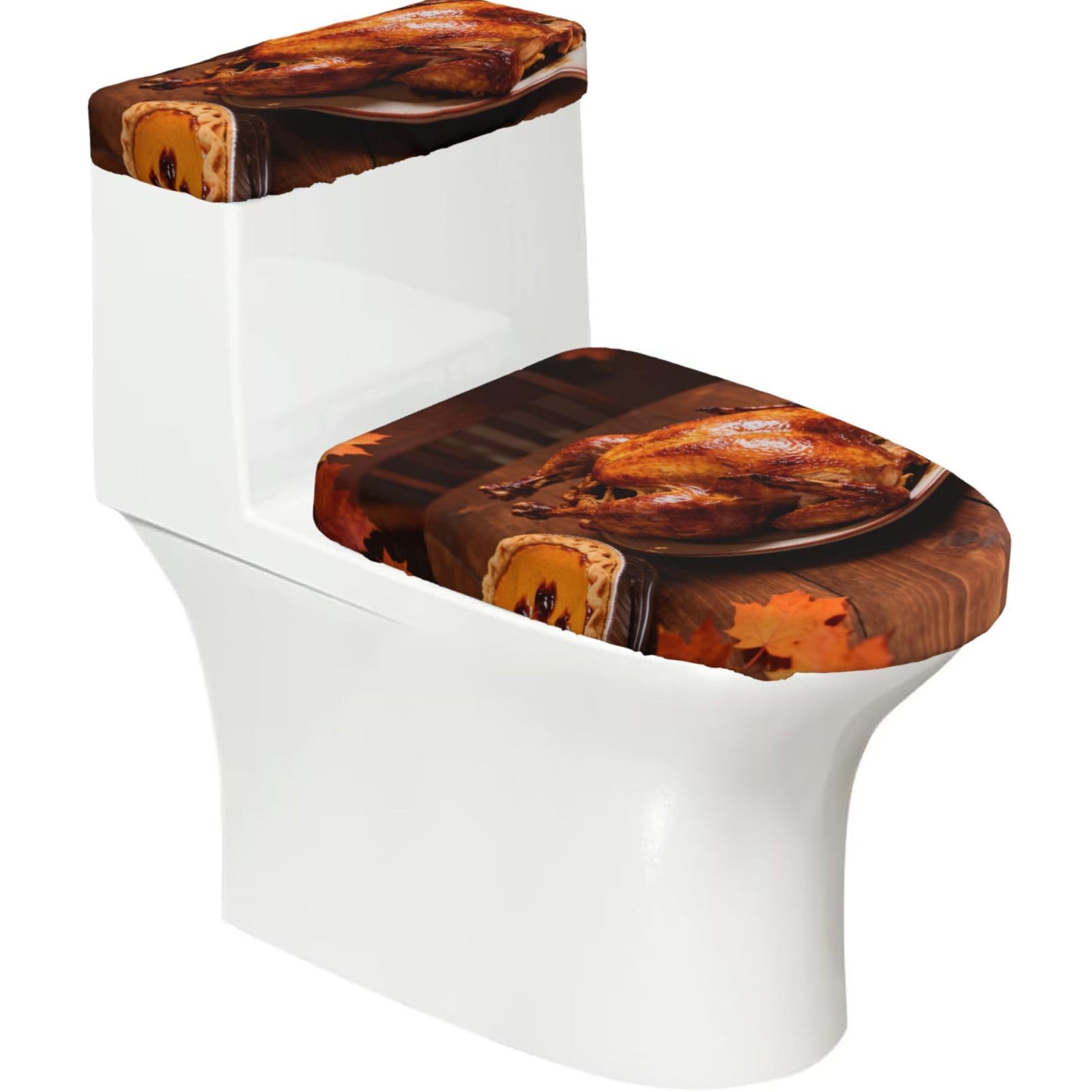 Thanksgiving Turkey Pie Elastic Toilet Cover Set of 2-Stretchy Lid and Tank Covers for Bathroom, Soft Washable U Shape Toilet Decor