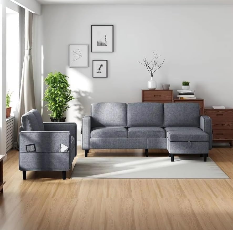 Sectional Sofa Set 4 Seaters Upholstered Couch Linen Fabric with Movable Ottoman Storage Side Pockets Living Room