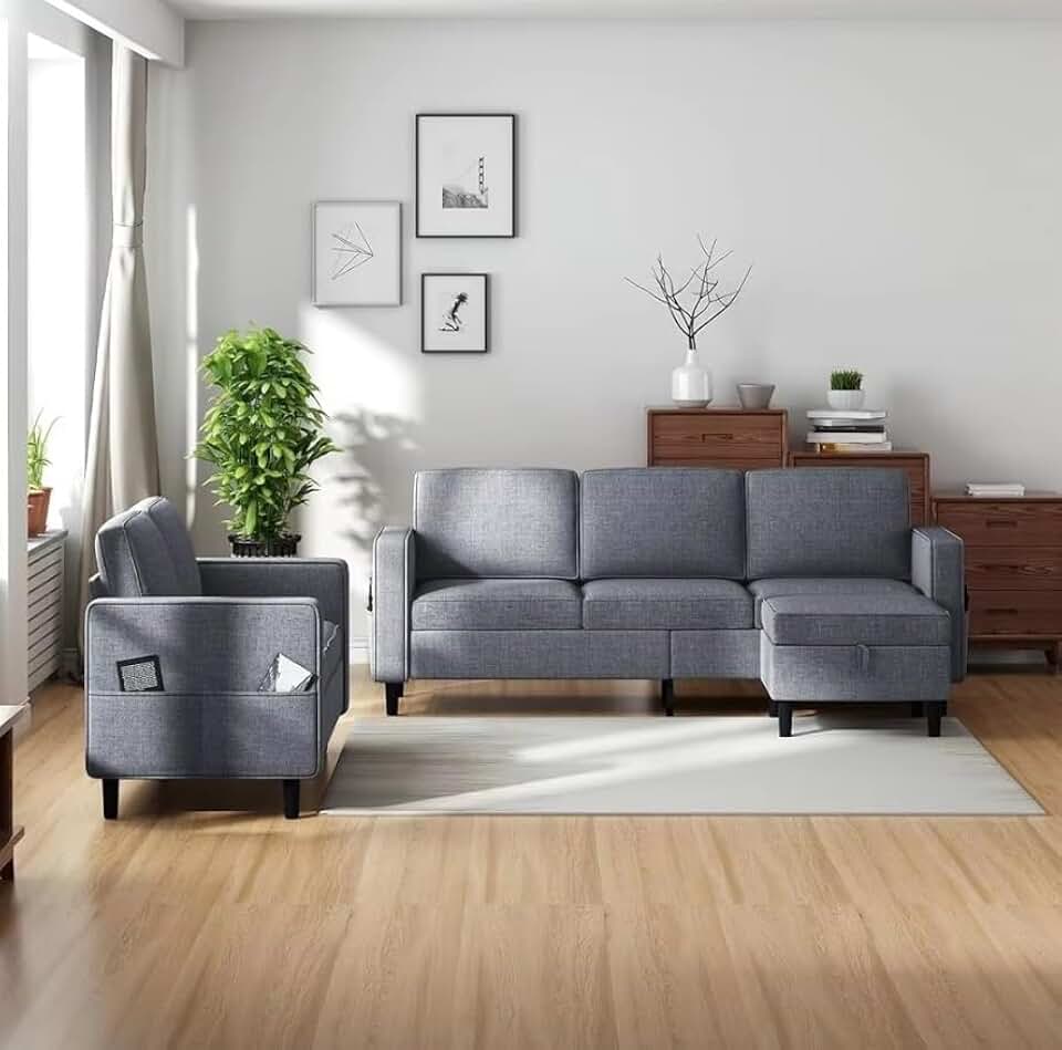 Sectional Sofa Set 4 Seaters Upholstered Couch Linen Fabric with Movable Ottoman Storage Side Pockets Living Room