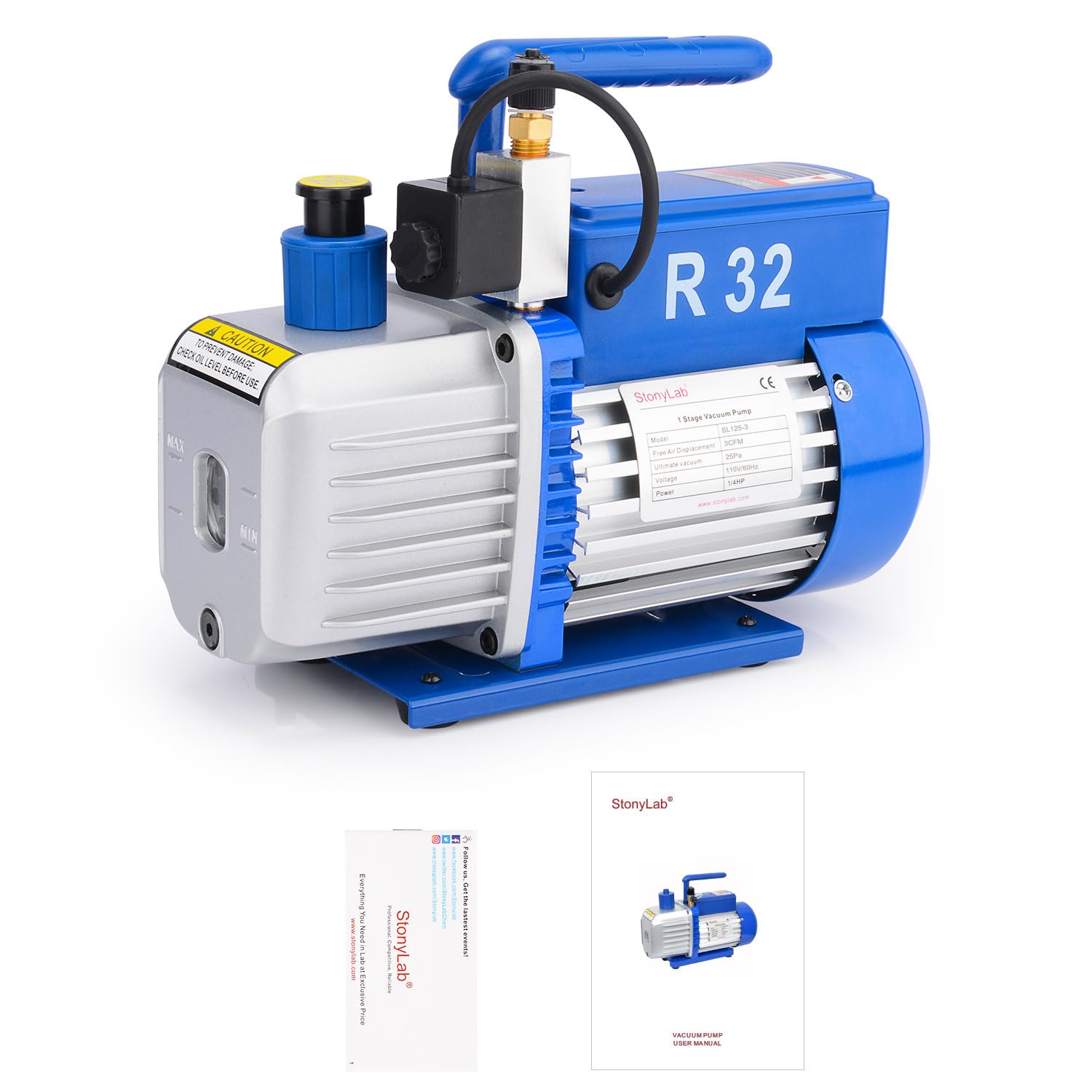 stonylab Pompa per Vuoto Rotativa a Palette, 3,5 CFM 25-30 Pa ¼ Pompa per Vuoto Compatta Monostadio HP con Elettrovalvola per Strumento Aria Refrigerante HVAC AC