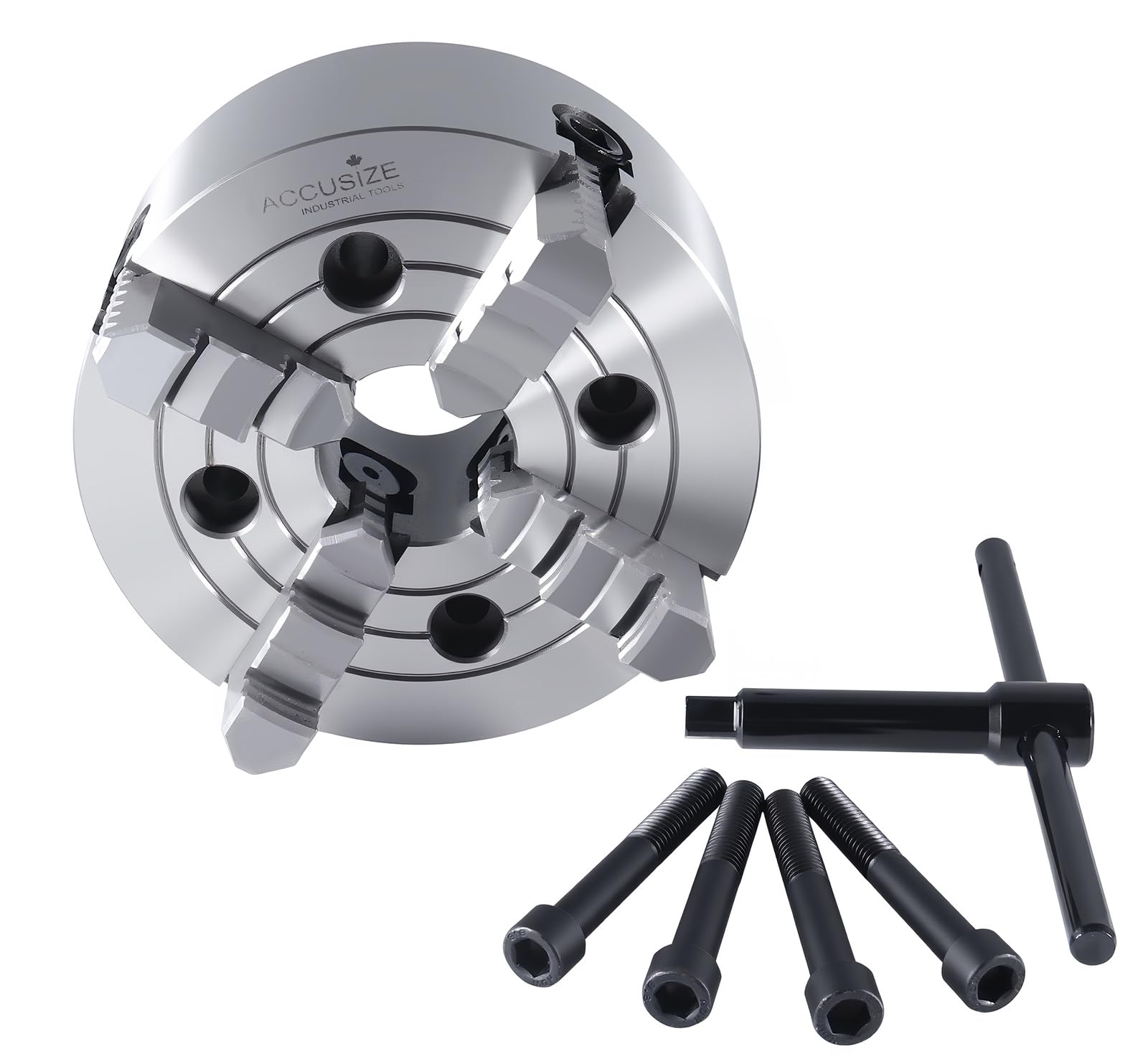 Accusize Industrial Tools 6'' 4-Jaw Independent Lathe Chucks, Plain Back, Semi-Steel Body, Including 1 Set Of Reversible Jaws, 0557-0006