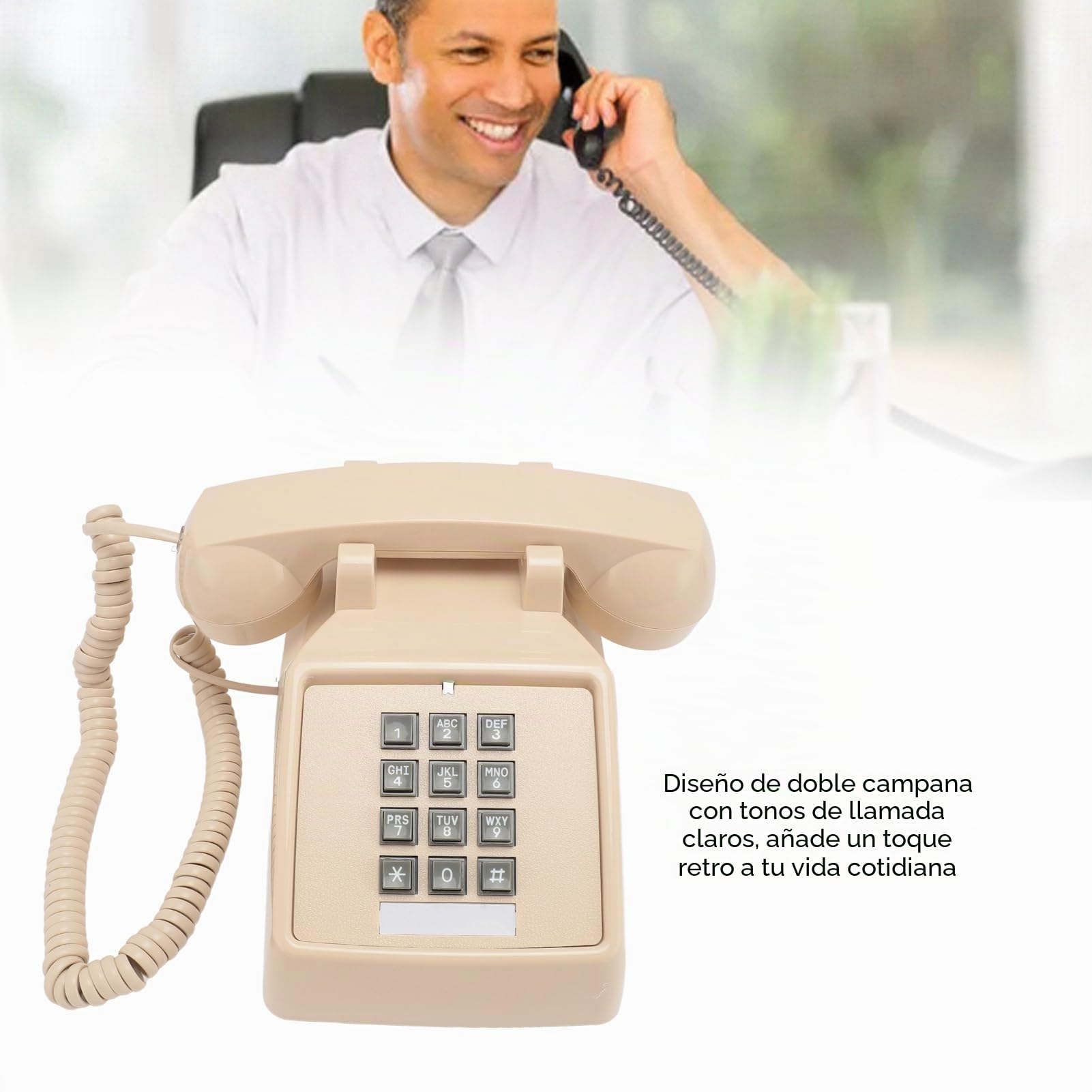 Teléfono con Cable Vintage, Teléfono Fijo Clásico Antiguo con Timbre Mecánico, Volumen Ajustable, Botón Grande, Teléfono de Escritorio Retro para el Hogar, Oficina, Escuela (Beige)