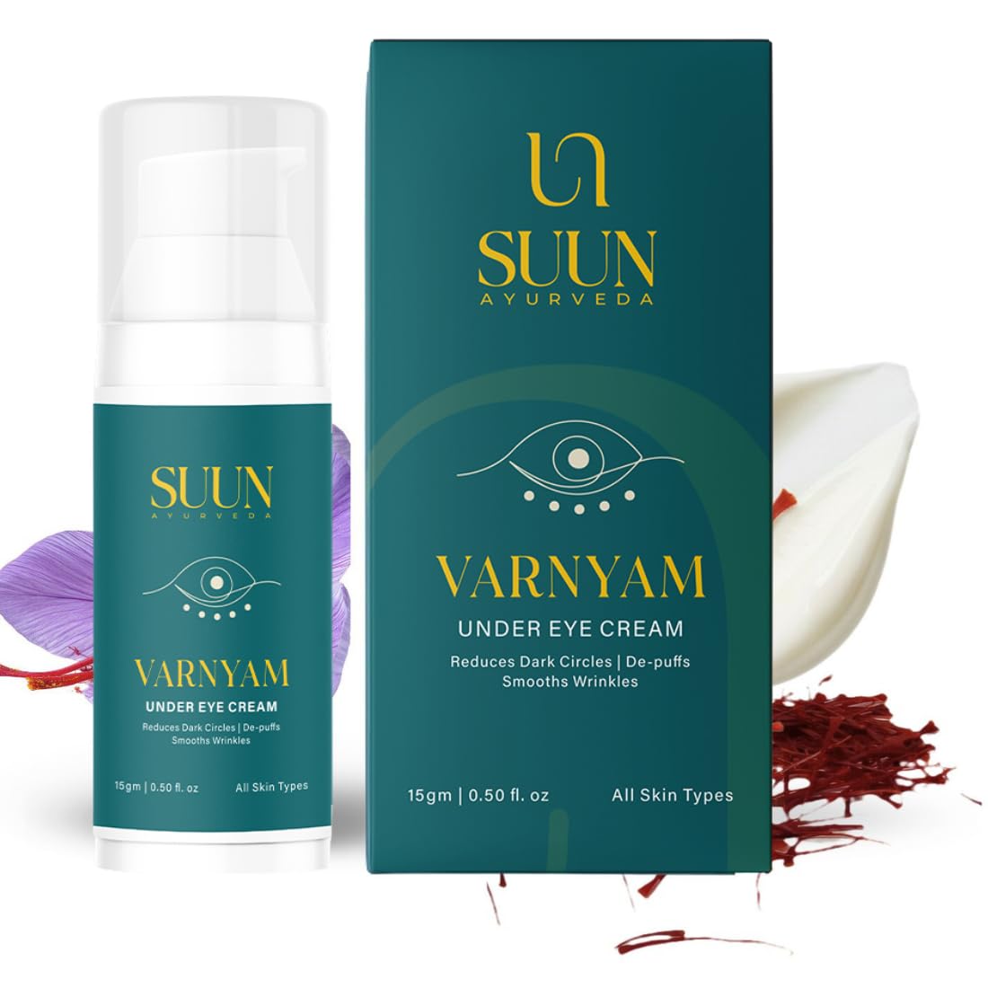 SUUN Ayurveda Varnyam Under Eye Serum | Reduction of Dark Circle & Puffiness | Restore Brightens and Deep Hydration with Bakuchi Oil, Saffron, Cow Ghee, Hydrolyzed Hyaluronic Acid & Nagakesar (15 ml)