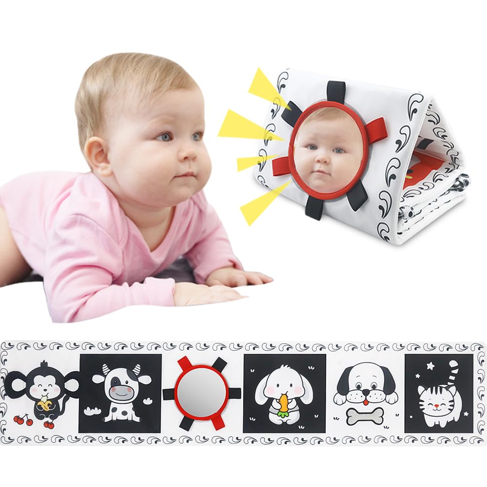 Baby Crib Activity hanging toy, Black and White High Contrast cot toy, With mirror toys surrounding the bed (Animal)