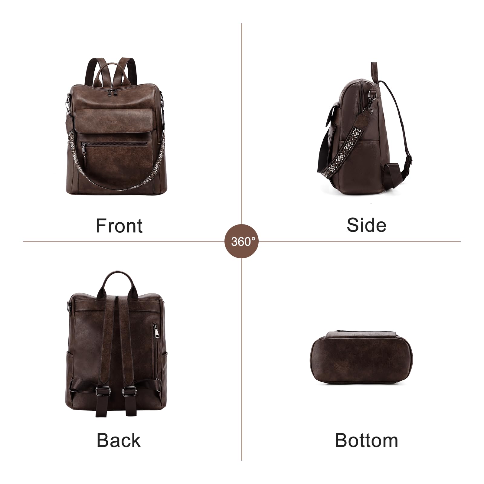 VASCHY Sac a Dos Femme, Grand Antivol 2 en 1 Sac à Main Porté Dos en Cuir PU Élégant Poches Multiples Set de Sac à Dos Fille avec Pochette pour Travail Voyage École Café