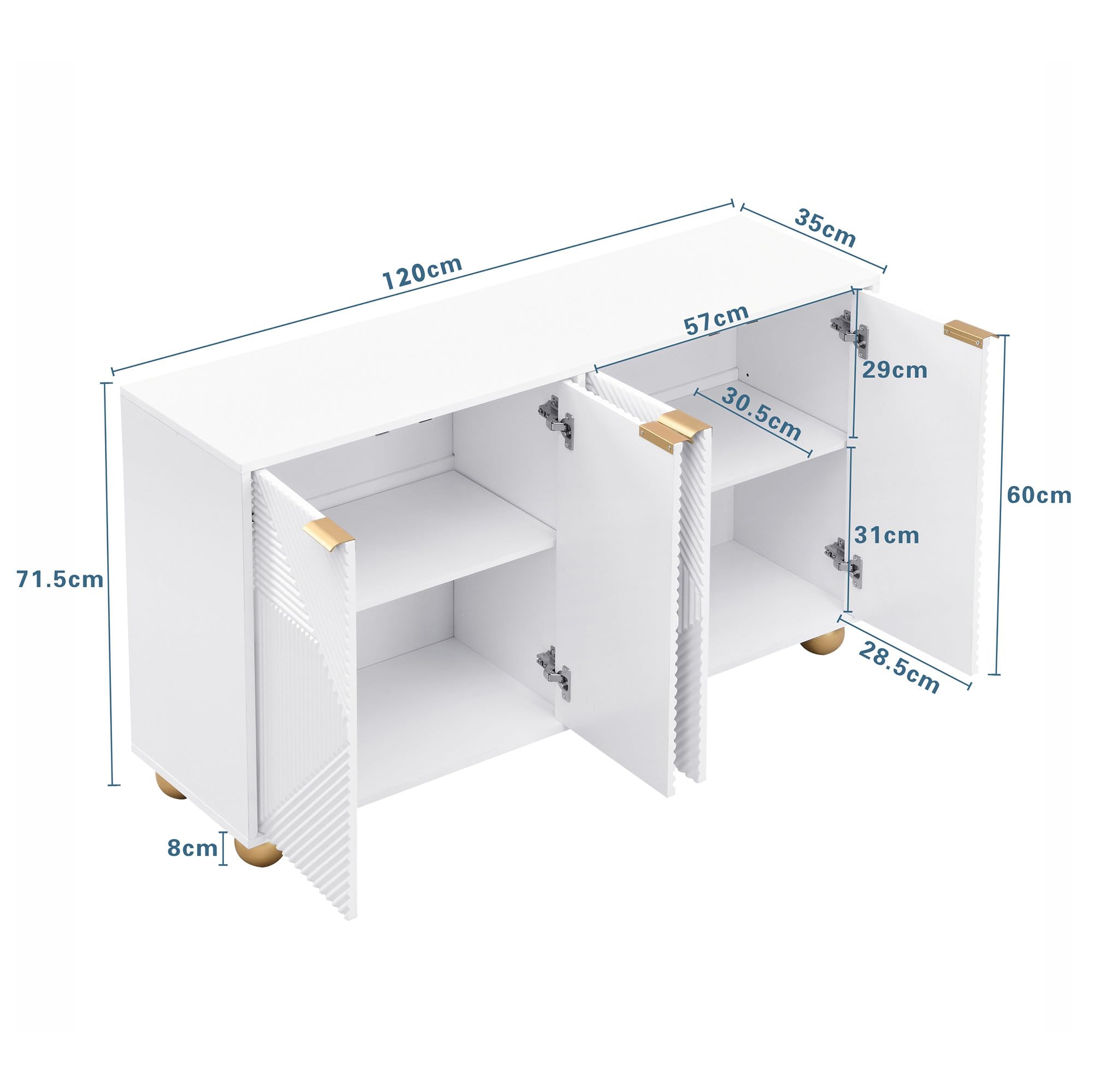 Credenza, Madia Soggiorno con 4 Ante dal Design Unico Scanalato, Ripiani Interni Regolabili, Maniglie in Metallo Dorato e Piedini Sferici, Mobile Cucina,Moderno Armadietto Multifunzionale,Nera/Bianco