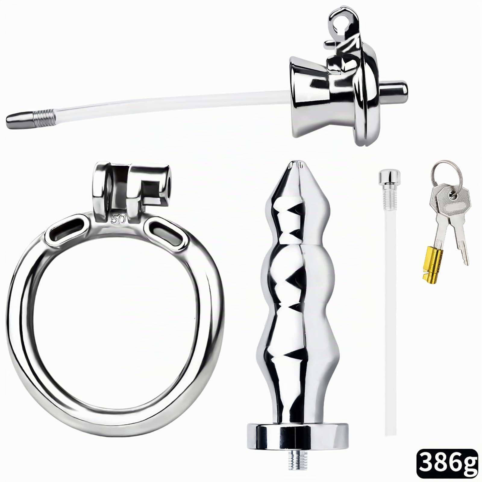Cage de Chasteté en Acier Inoxydable avec Plug Anal pour Hommes – Jouet Adulte Double Usage pour Couples, Kit de Lavement Compatible Douche, Set Bondage Anneaux de Chasteté (silvery+anal plug,45mm)