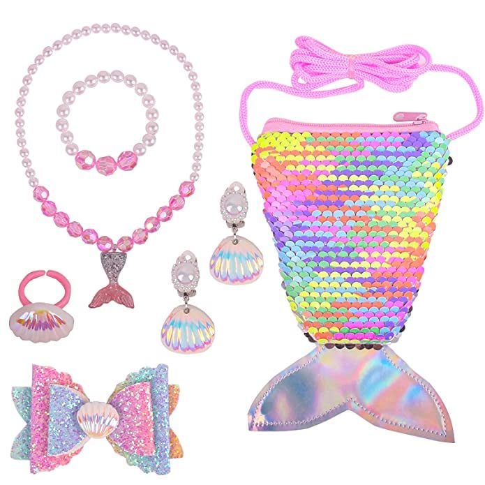 El Regalo 6-Piece Mermaid Princess Girls Kids Dress Up Jewelry Gift Box Set - Sequins Mermaid Tail Coin Purse Necklace Bracelet Ring Pearl Earrings Gifts for Girls (Shiny Pink Mermaid Jewelry Set) (B09RVH798K) Amazon Price History, Amazon Price Tracker