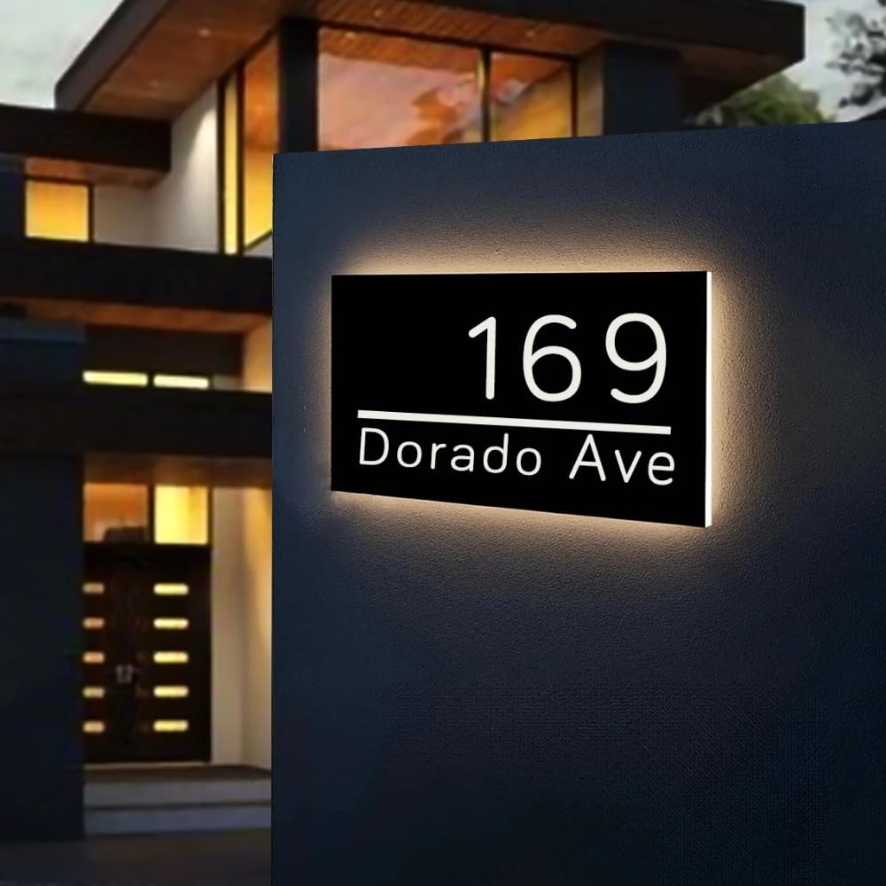 Personalisierte beleuchtete Hausnummern für draußen, individuelle LED-Türnummern für Haustür, Adressschild (kaltweißes Licht, 20 x 10 cm)
