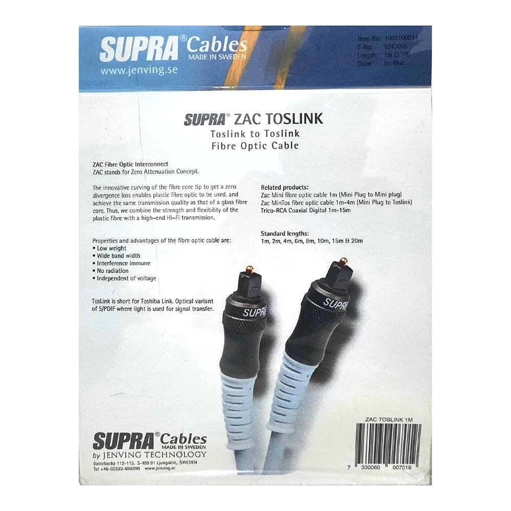 Supra 1003100011 cable de fibra optica 1 m TOSLINK Azul - Cable de fibra óptica (1 m, TOSLINK, TOSLINK, Male connector / Male connector, Azul)