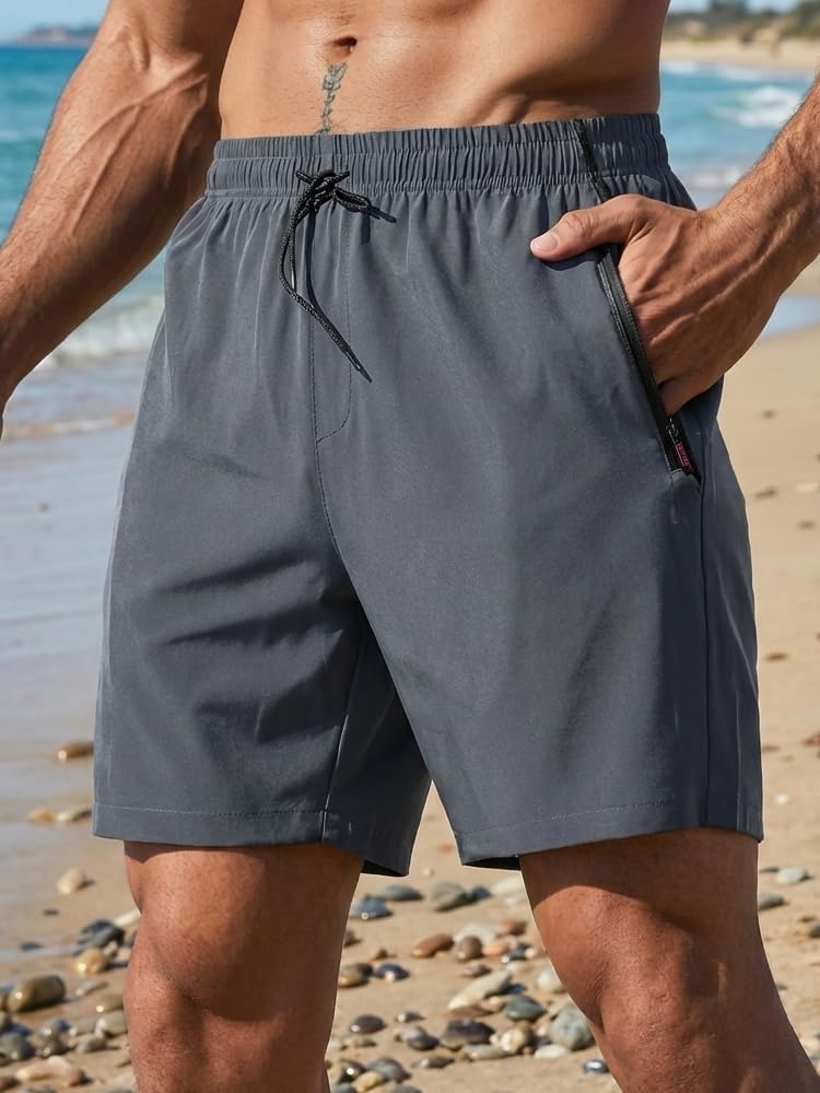 Pantalones cortos deportivos para correr para hombre con 2 bolsillos con cremallera, cintura elástica con cordón para entrenamiento