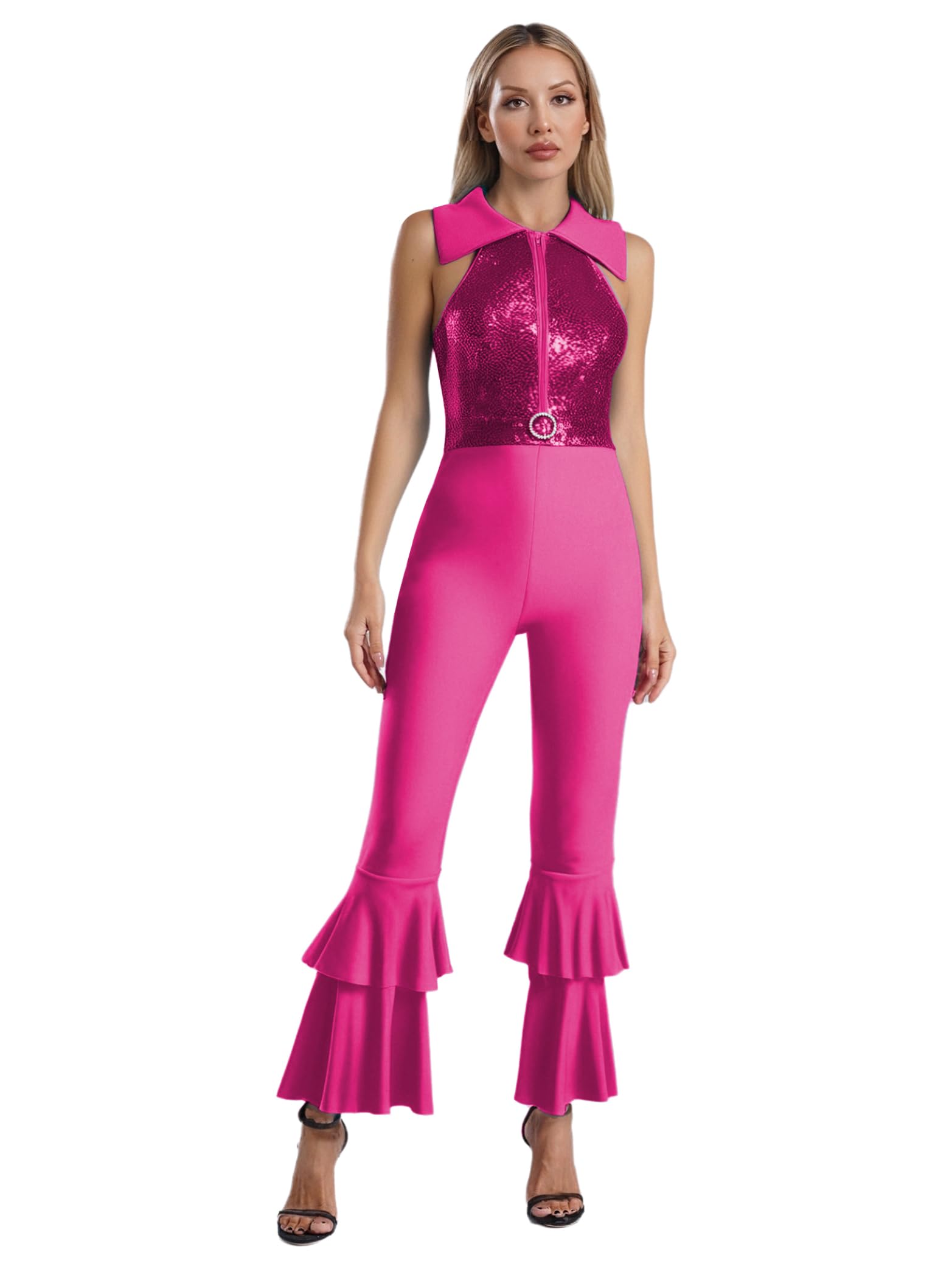 Yhong Justaucorps de Danse Disco pour Femmes, Combinaison sans Manches à Paillettes, Fermeture Éclair, Bas Cloche, Salopette, Ensembles de Pantalons Rose vif S