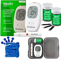 Kit Medidor de Glicose GlicoCheck CarePlus - 60 Tiras + 110 Lancetas E Caneta Lancetadora - Glicosímetro Glicemia