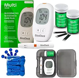 Kit Medidor de Glicose GlicoCheck CarePlus - 60 Tiras + 110 Lancetas E Caneta Lancetadora - Glicosímetro Glicemia