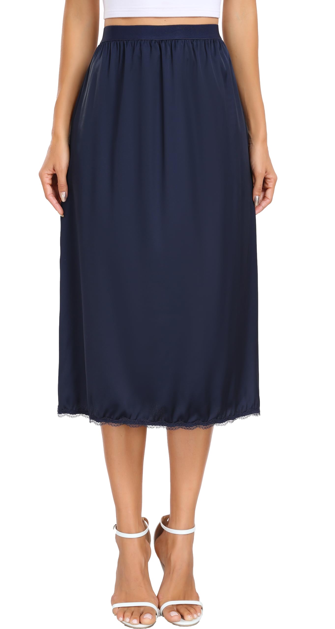 Vlazom Women's Satin Underskirt Long Skirt Petticoat with Lace Elastic Waist Half Briefs for Underdresses