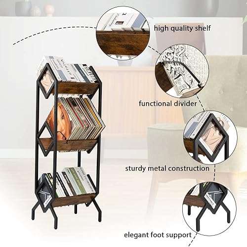 Miniatura 3 de Hadulcet Estante de almacenamiento de discos de vinilo de 3 niveles, estante de almacenamiento de 150-200 LP, soporte móvil para discos para