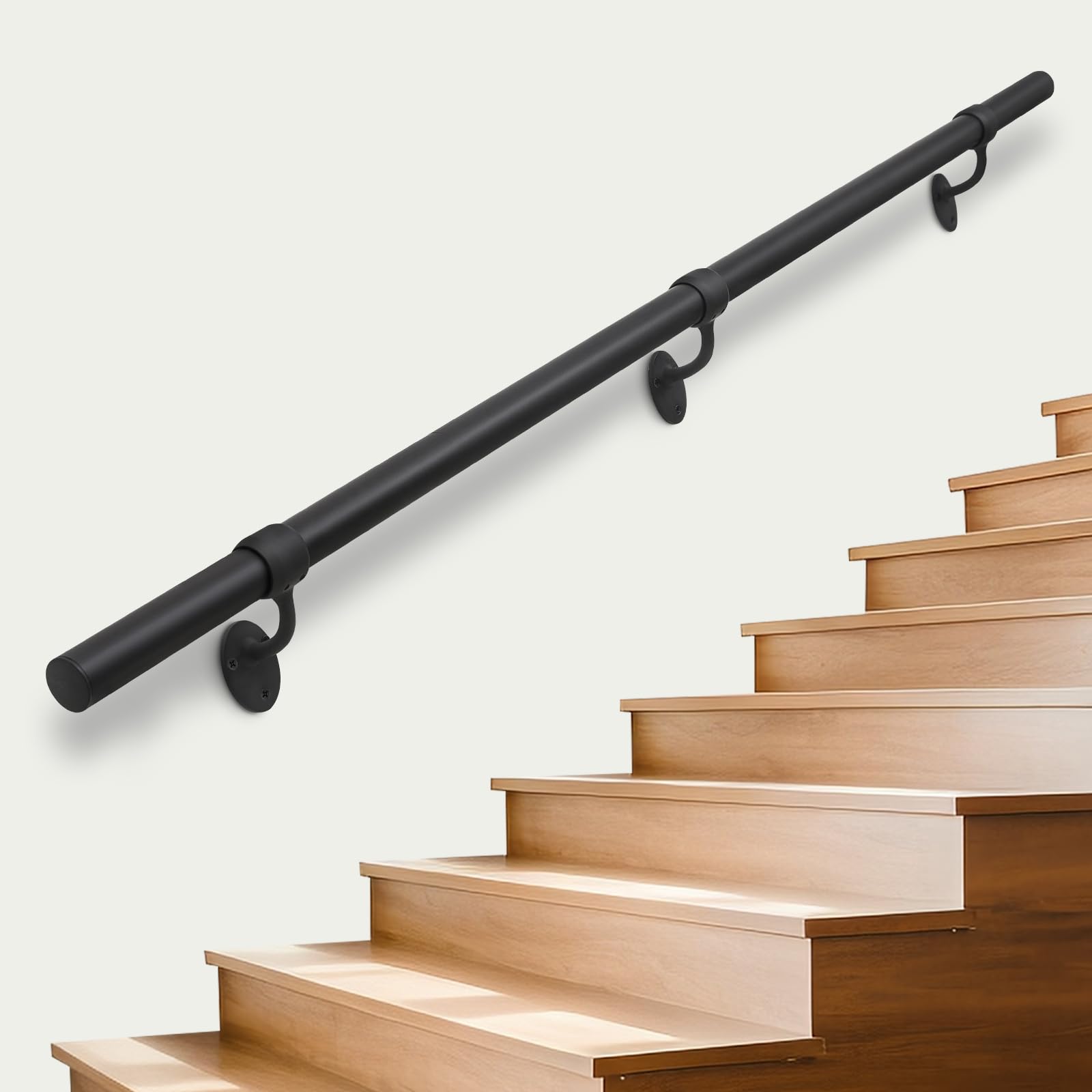 SDNBHTAluminum Black Powder Coated Handrail, 8ft, Industrial Metal Stair Railing for Indoor Stairs, Wall Mounted Handrail with 1.5" Pipe, Fade-Resistant, Safe and Stable
