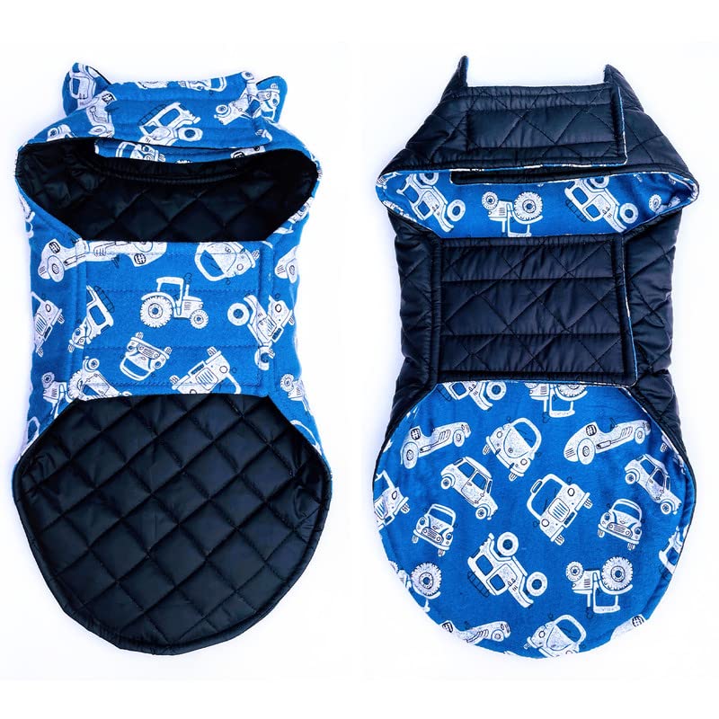 Pets Planet Polyester Reversible Dog Jacket - Blue Car Printed Warm Coat, Windproof & Cold Weather Protection (XS, 12 Inch) 1